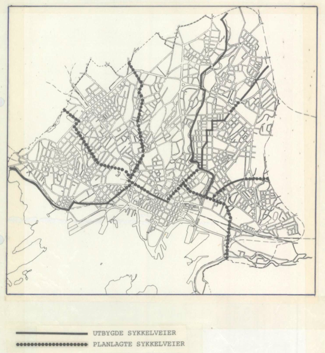 Sykkelvegnett for Oslo sentrum. Planlagt og gjennomført pr. 1988. Kjelde: Byrådssak 188/88